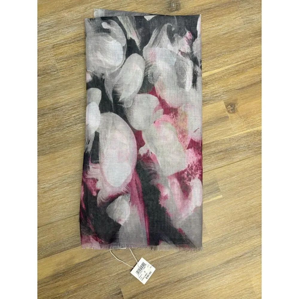Laura Women’s Scarf Wrap Shawl Gray Floral 100% Polyester Lightweight Fringe
